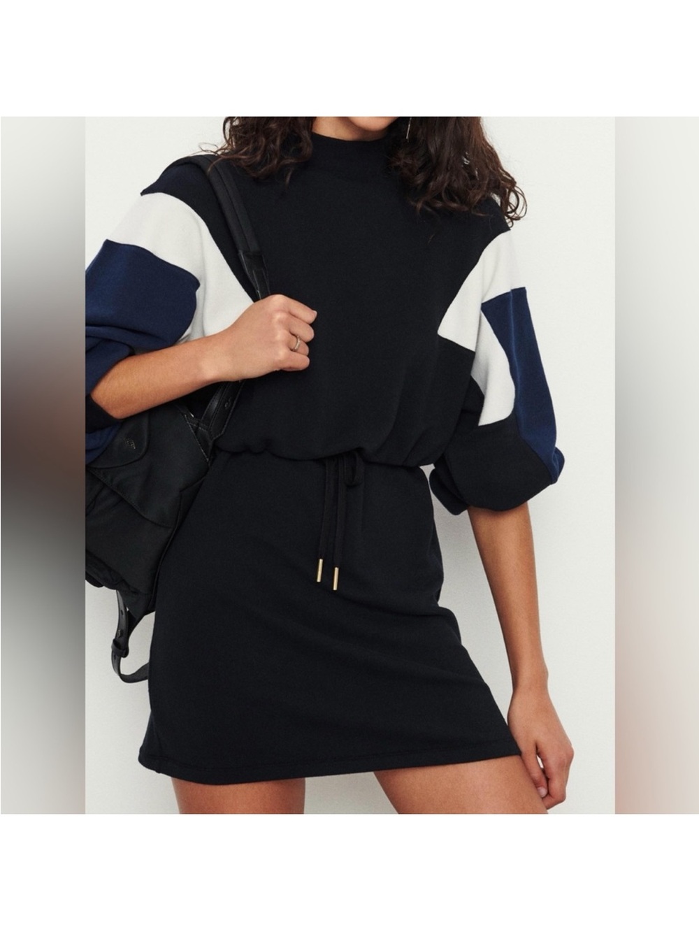 ba&sh Black Mini Dress with Navy and White Sleeve Panels